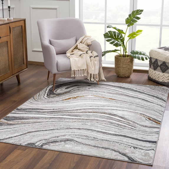 Hauteloom Liverpool Modern Abstract Bedroom Living Room Small Area Rug - Marble Swirl Pattern - Contemporary Bohemian Farmhouse - Black, Dark Grey, Light Grey, Off White - 2' x 3'