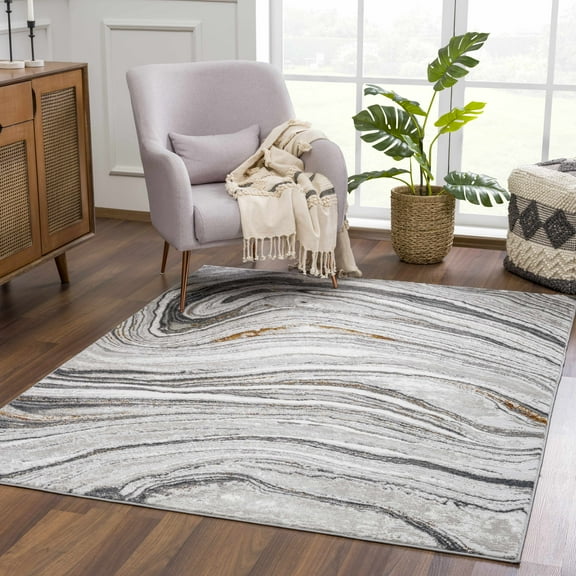Hauteloom Liverpool Modern Abstract Bedroom Living Room Small Area Rug - Marble Swirl Pattern - Contemporary Bohemian Farmhouse - Black, Dark Grey, Light Grey, Off White - 2' x 3'