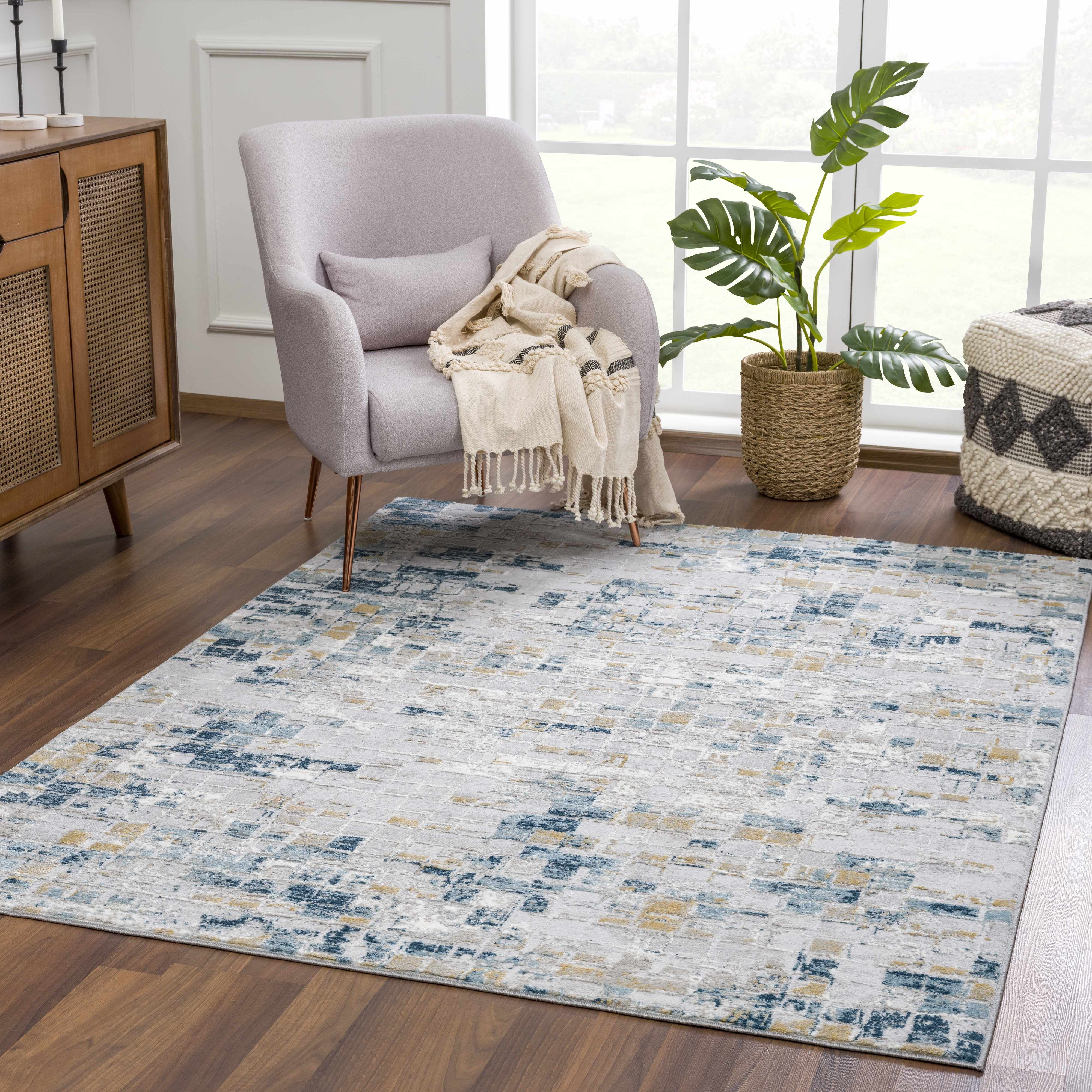 Hauteloom Liverpool Modern Abstract Bedroom Living Room Small Area Rug - Square Tile Carpet - Contemporary Bohemian Farmhouse - Blue, Grey, Brown, Off White - 2' x 3'