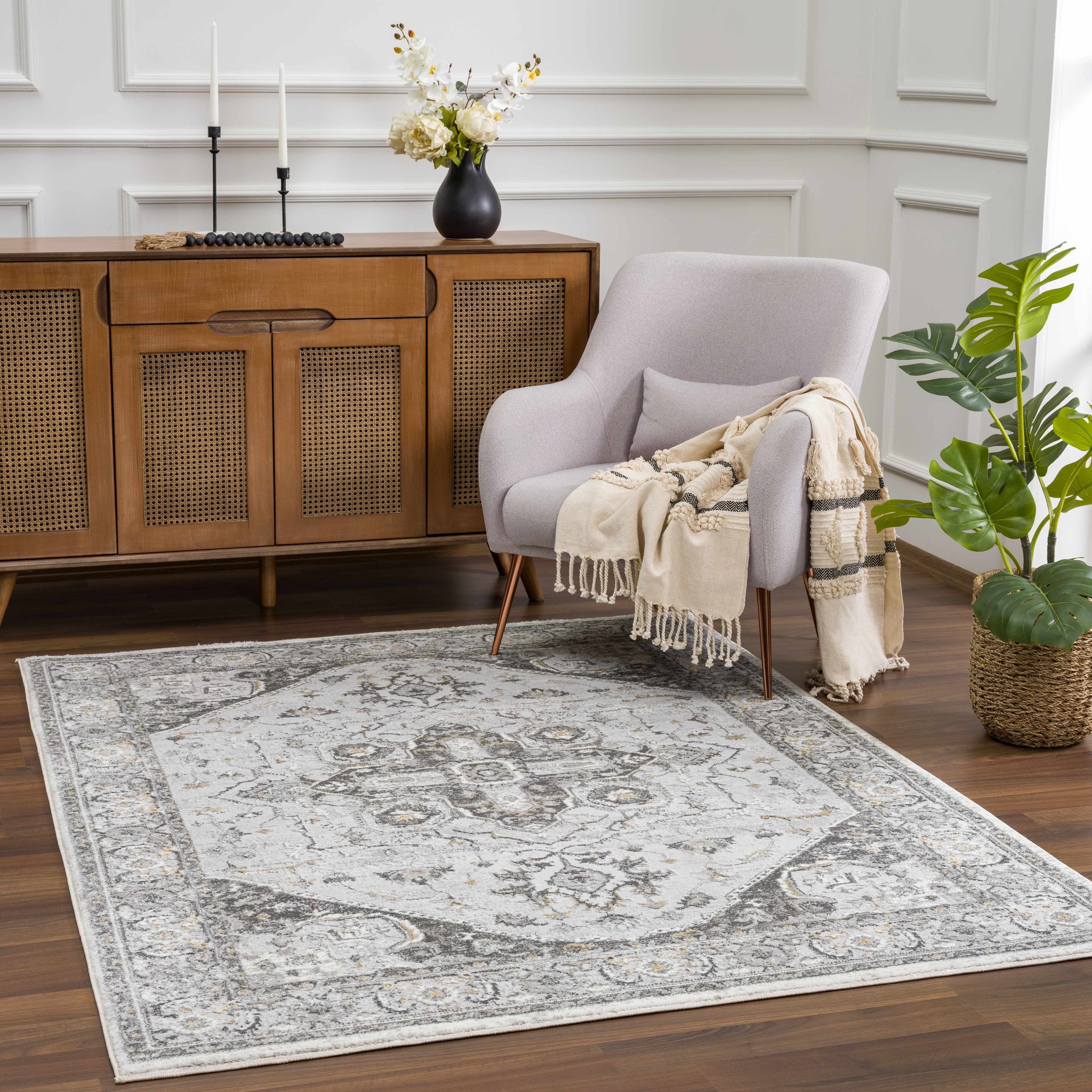 Hauteloom Liverpool Traditional Medallion Bedroom Living Room Area Rug - Oriental Carpet - Vintage Bohemian Farmhouse - Brown, Grey - 6'7" x 9'