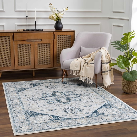 Hauteloom Liverpool Living Room, Bedroom Area Rug - Traditional - Medium Gray, Light Gray, Navy - 2' x 3'