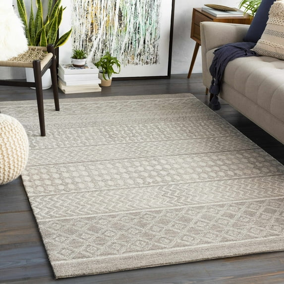 Hauteloom Lone Wool Living Room, Bedroom Area Rug - Bohemian, Transitional - Medium Gray, Beige, Gray - 5' x 7'6"
