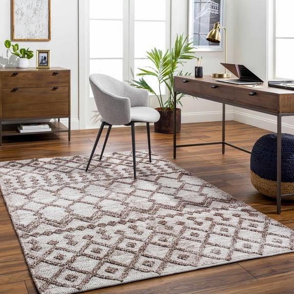 Hauteloom Luce Recycled Material Living Room, Bedroom Area Rug - Bohemian, Transitional - Off White, Dark Red, Tan - 6' x 9'