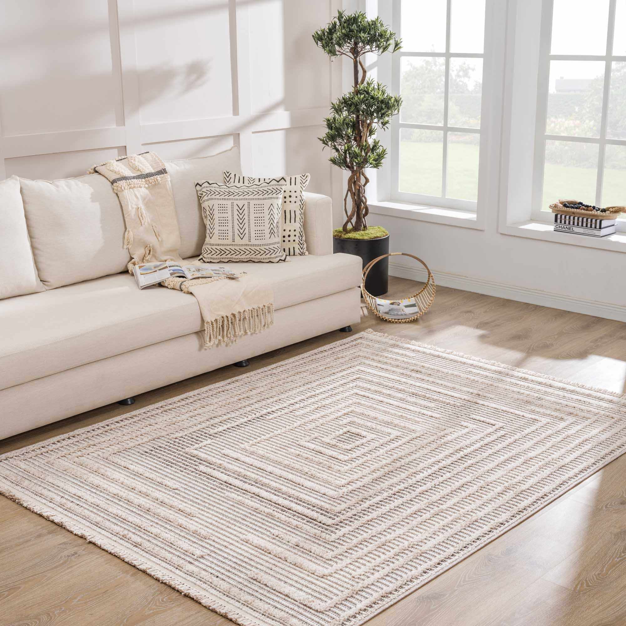 Hauteloom Lyre Living Room, Bedroom Area Rug - Geometric Border Square Striped Distressed - Contemporary Modern Minimalist Transitional Farmhouse - Charcoal, Cream, Beige, Tan, Gray - 8'10" x 12'