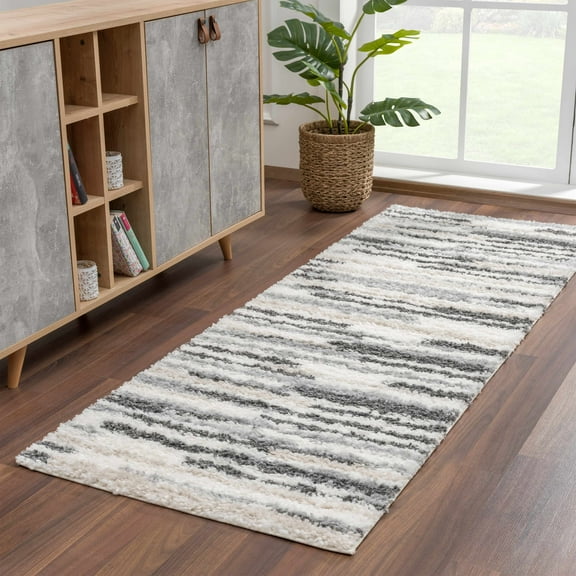 Hauteloom Lux Shag - Moroccan Farmhouse Hallway Entryway Kitchen Shaggy Runner Rug - Bohemian Shag - Plush High Pile - Southwestern Boho Soft Carpet - Tribal Aztec - Grey, Beige - 2'7" x 7'3"