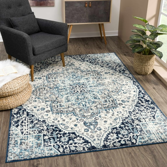 Hauteloom MARASH Living Room, Bedroom Area Rug - Bohemian, Contemporary, Traditional - Ivory, Navy, Aqua - 6'7" x 9'