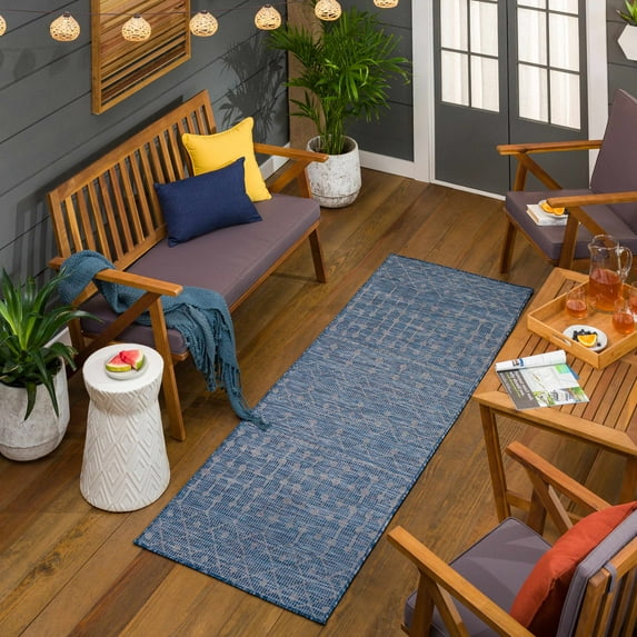 Hauteloom Maddingley Hallway, Kitchen Patio Outdoor Runner Rug - Bohemian, Transitional - Navy, Blue - 2'6" x 7'3"