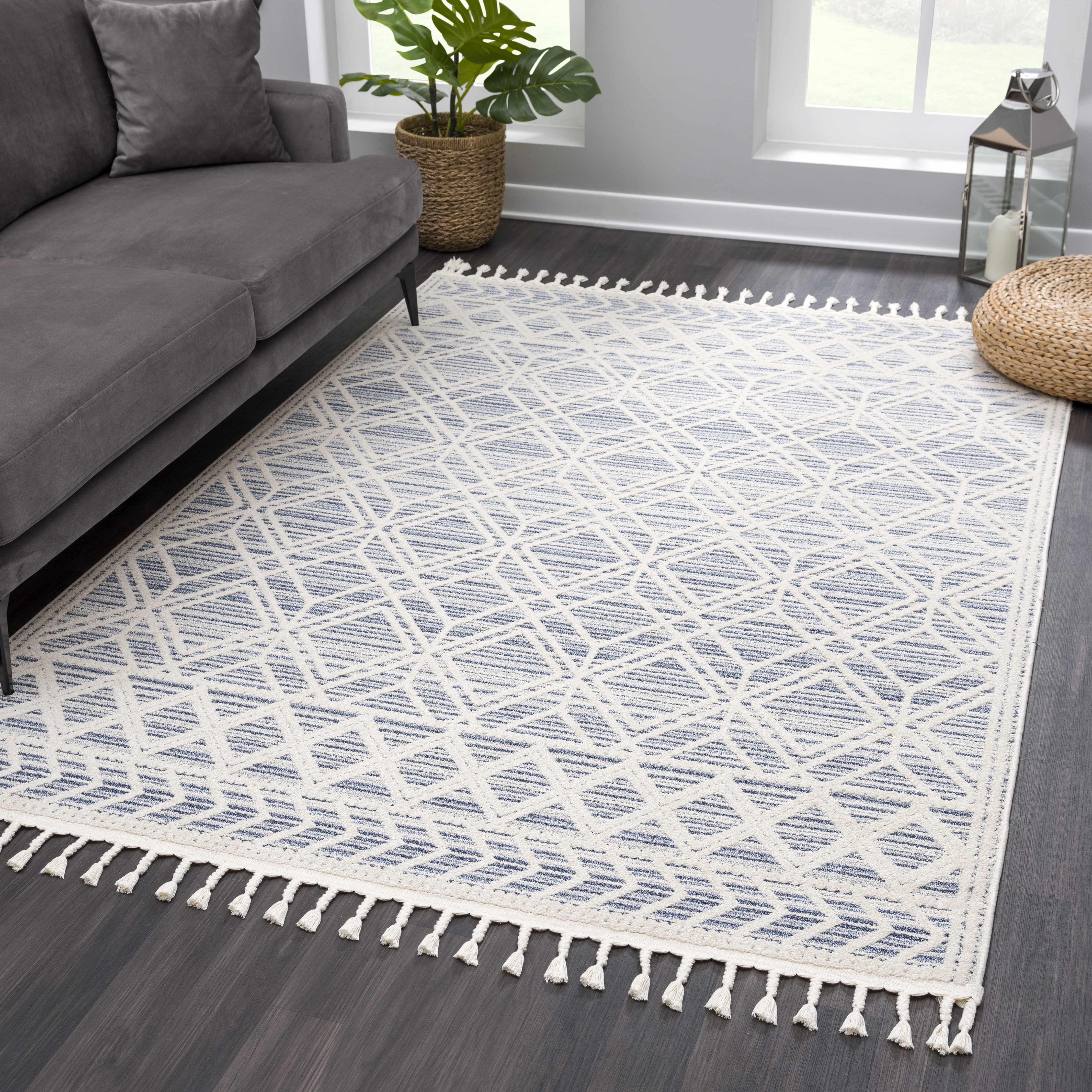 Light Blue and Cream Rectangular Synthetic Area Rug