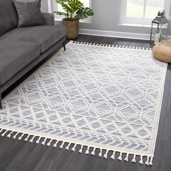 Hauteloom Magnolia MGN-2302 - Molde Moroccan Farmhouse Living Room Bedroom Area Rug with Tassel - High Low Carpet - Tribal Boho Style - Southwestern Geometric Pattern - Beige, Cream, Blue 5'3" x 7'