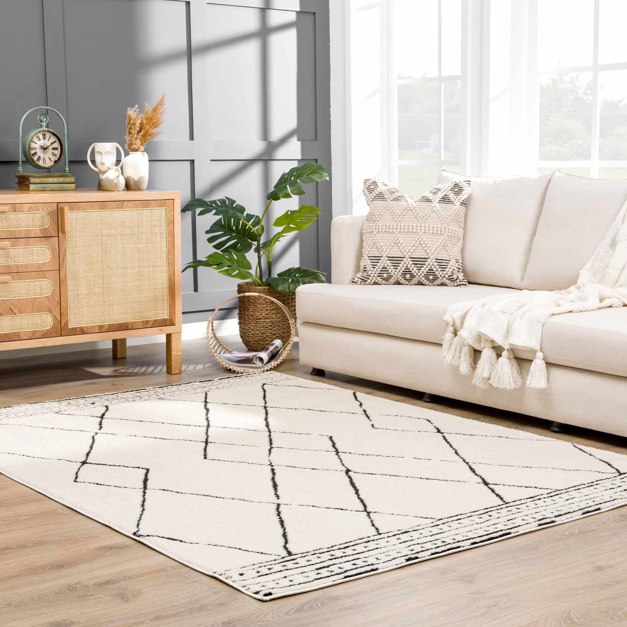 Hauteloom Mahsa Living Room, Bedroom Area Rug - Bohemian Farmhouse Moroccan Trellis - Cream, Black - 5'3" x 7'