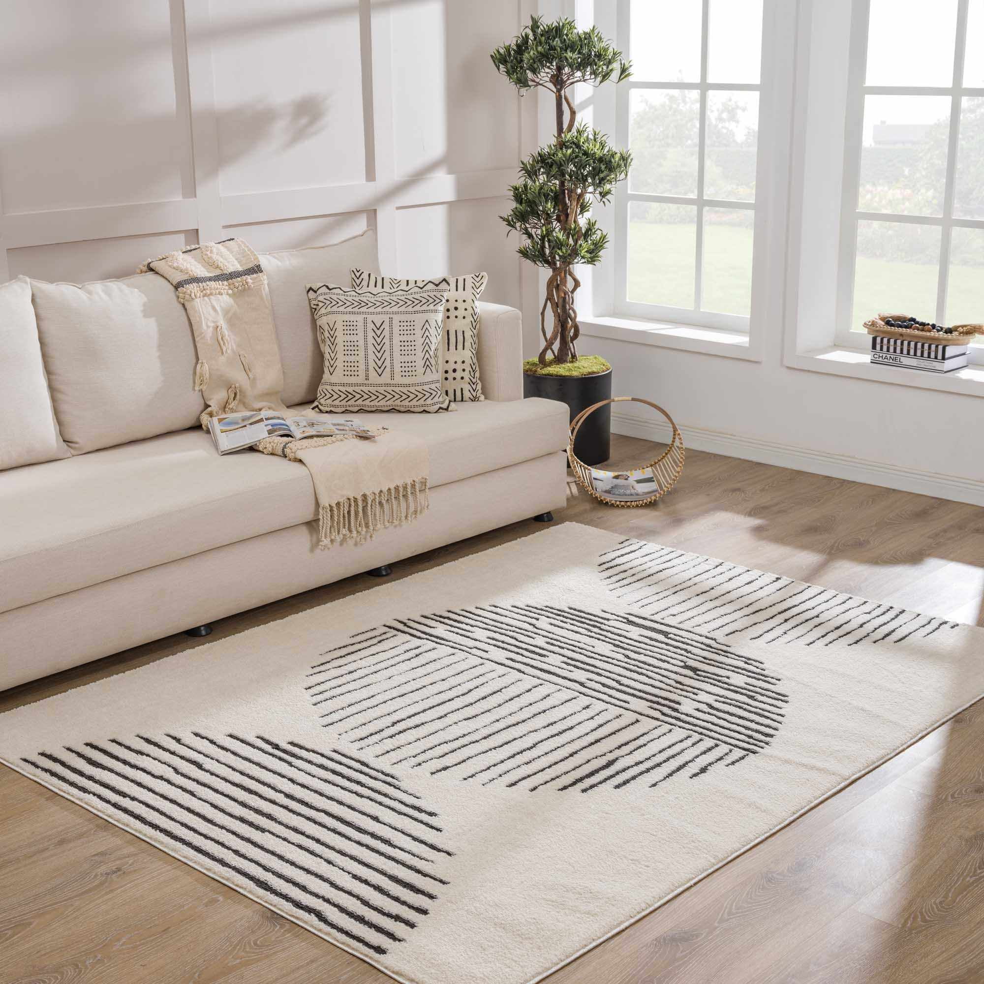 Hauteloom Mahsa Living Room, Bedroom Area Rug - Bohemian Farmhouse Round Pattern - Cream, Black - 7'10" x 10'