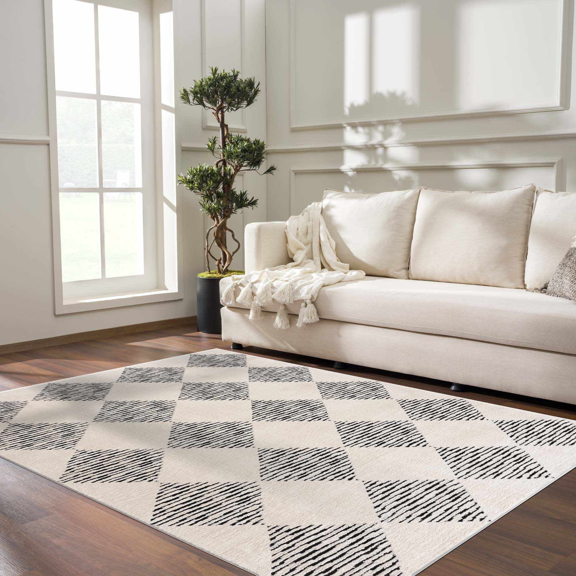 Hauteloom Mahsa Living Room, Bedroom Area Rug - Bohemian Farmhouse Square Tile Pattern - Cream, Black - 5'3" x 7'