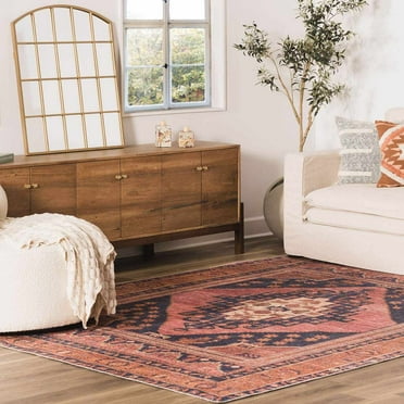 Hauteloom Malamote Machine Washable Vintage Area Rug for Living Room - Traditional Bohemian Medallion Carpet - Stain Resistant - Pet Friendly - Navy, Dark Pink, Burnt Orange - 5'3" x 7' (5x7)