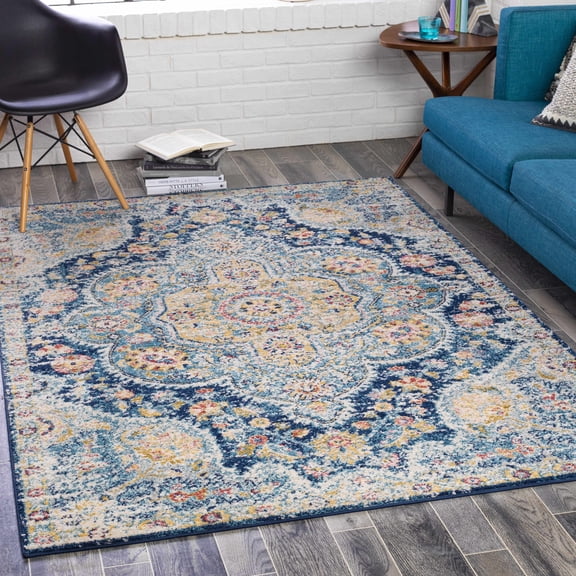 Hauteloom Upton Living Room, Bedroom Area Rug - Medallion Floral Distressed Border Traditional - Traditional Oriental Transitional Turkish - Navy, Sky Blue, Dark Pink, Blue, Teal - 7'10" x 10'2"
