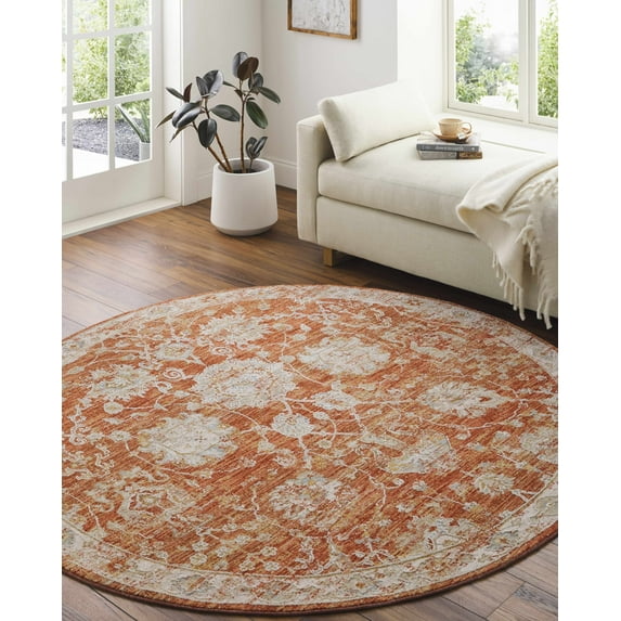 Hauteloom Manawan Living Room, Bedroom Area Rug - Traditional - Rust, Olive, Denim - 7'10" Round