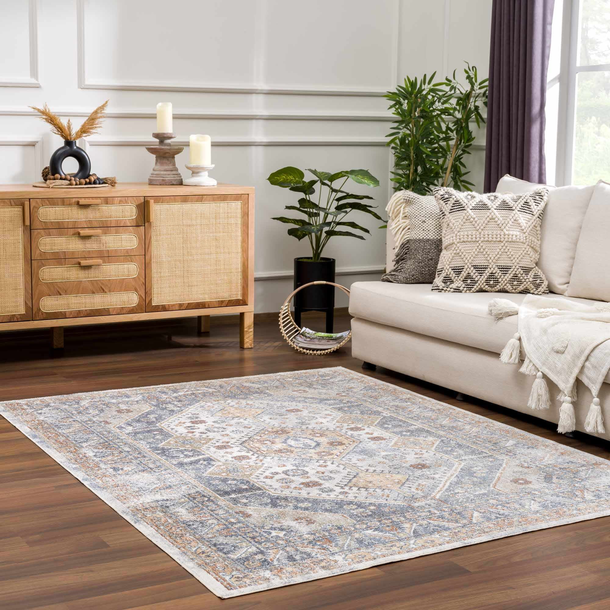 Afya Light Blue and Rust Polyester Rectangle Area Rug 2'3" x 3'9"