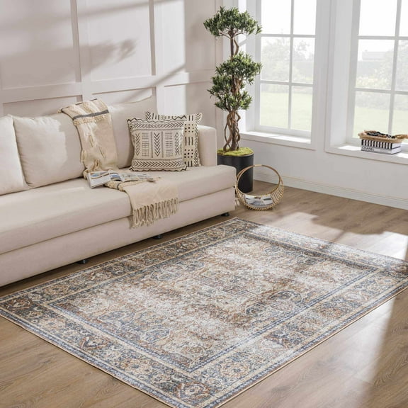 Hauteloom Manhattan Collection Machine Washable Small Area Rug, Door Mat - Bohemain Vintage Distressed - Oriental Eclectic Carpet - Pet Friendly - Faded - Orange, Brown, Blue - 2' x 3'