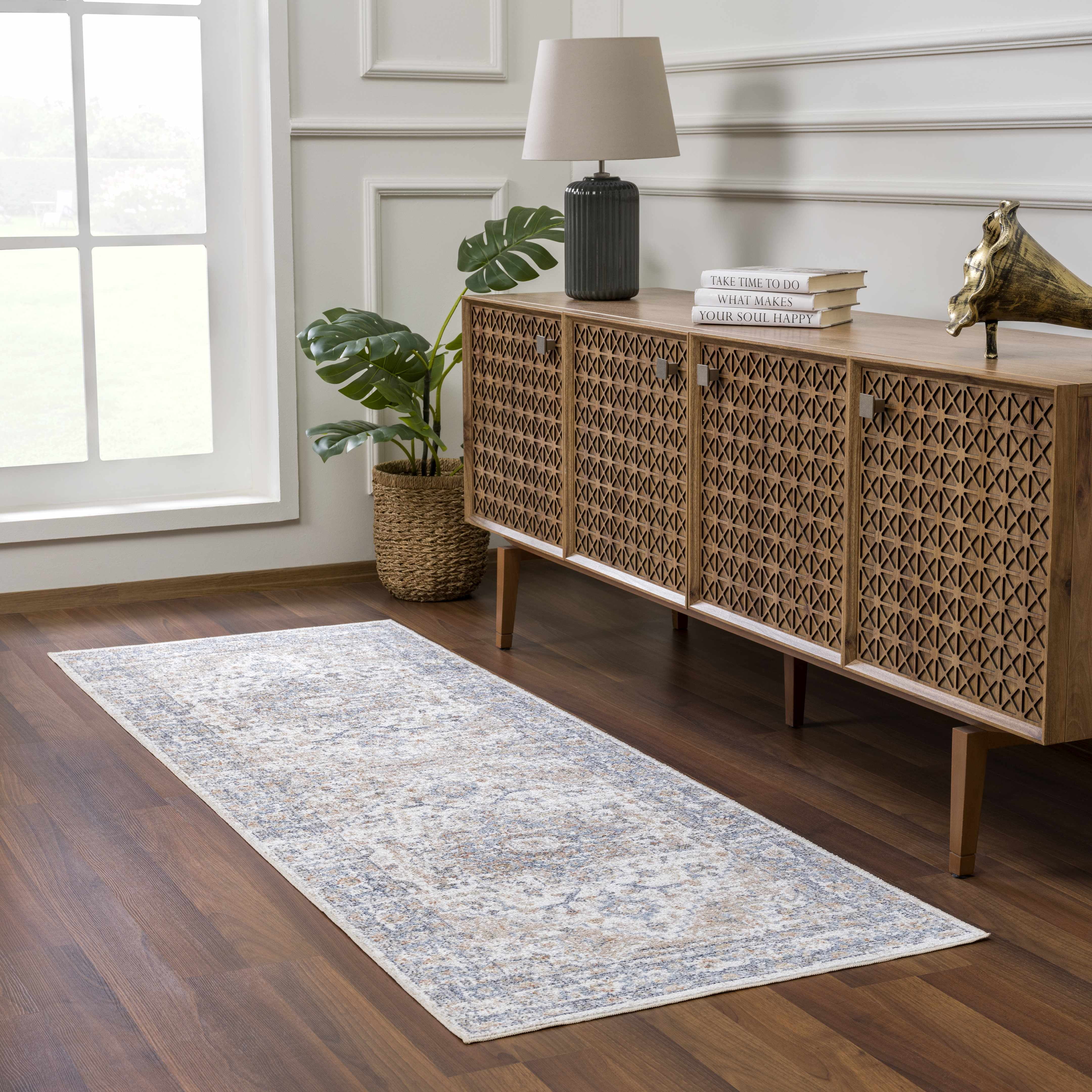 Ezri Blue and Cream Washable Polyester Runner Rug