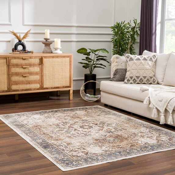 Hauteloom Manhattan Machine Washable XL Area Rug for Living Room, Bohemian, Vintage Distressed - Medallion Traditional Carpet - Pet Friendly - Faded - Brown, Orange - 9'2" x 12'