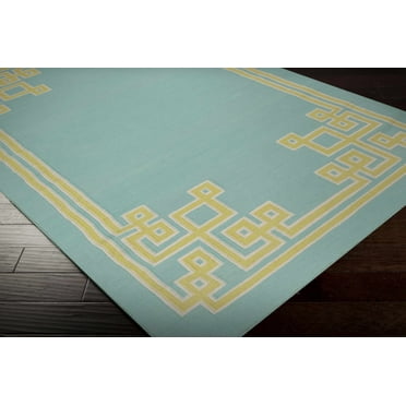 Hauteloom Manitou Wool Living Room, Bedroom Area Rug - Solid & Striped - Aqua, Olive, Light Gray - 2' x 3'