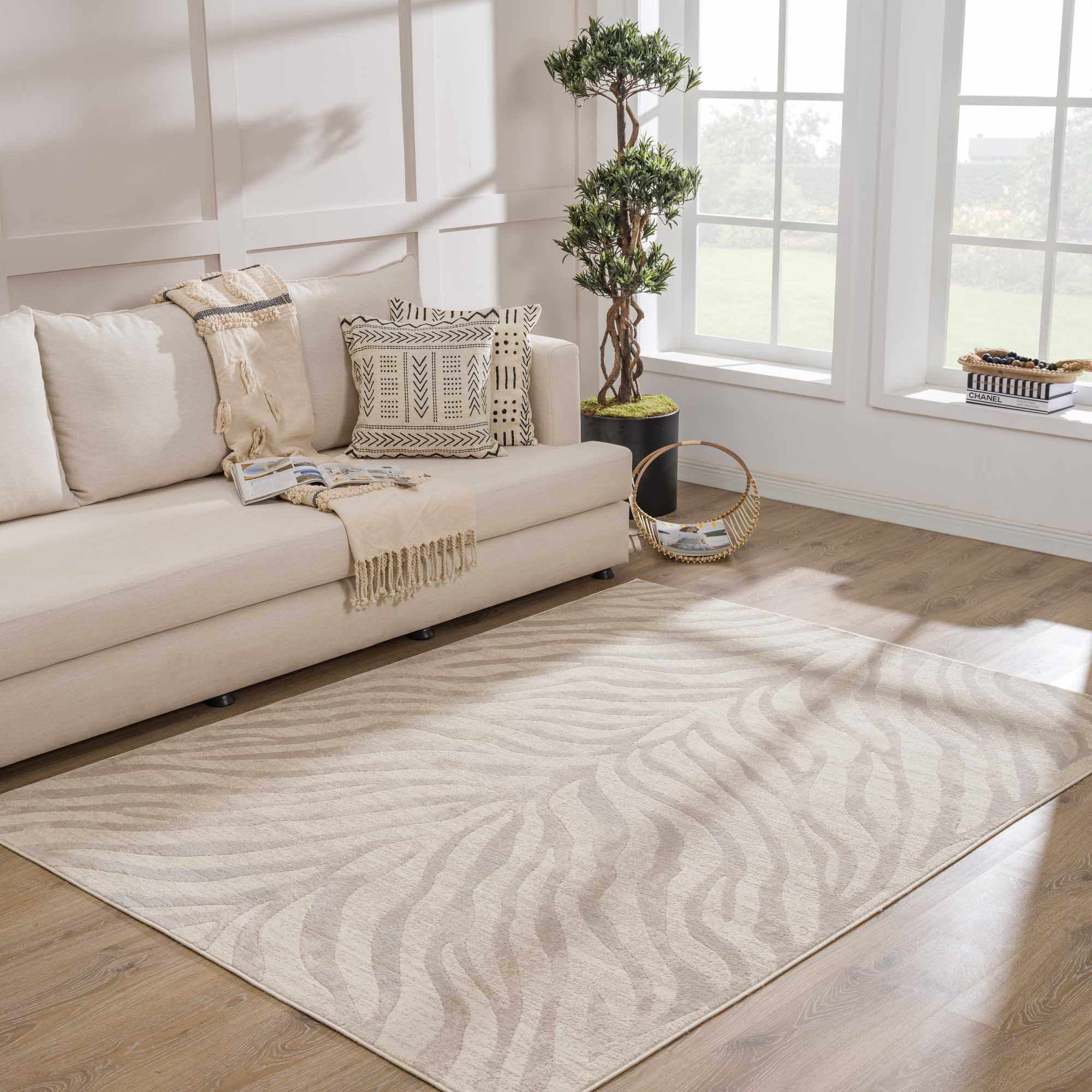 Hauteloom Manteca Contemporary Animal Zebra Print Area Rug for Living Room Bedroom Dining Room - Distressed Faded Style - Cream, White, Beige, Gray - 5'3" x 7'3" (5x7)