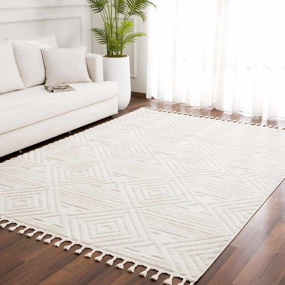 Hauteloom Manyas Living Room, Bedroom Area Rug - Bohemian, Transitional - High Pile - Light Gray, Cream - 8'10" x 12'