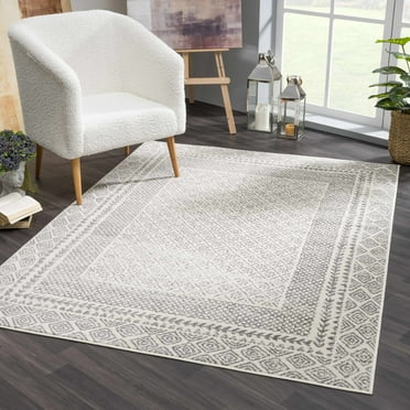 Hauteloom Marash Collection Reut - Modern Farmhouse Living Room Bedroom Area Rug - Minimalist Bohemian Bordered Style Carpet - Moroccan Boho Look - Beige, Gray, Dark Gray 5'3" x 7'3"