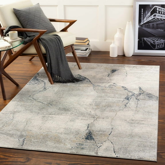 Hauteloom Marble Swirl Collection Foyer Area Rug - Modern Abstract Contemporary Carpet - Neutral Distressed Bohemian - Grey, Blue, Yellow - 2'7" x 4'
