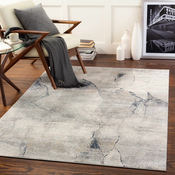 Hauteloom Marble Swirl Collection Living Room Bedroom Dining Room Area Rug - Modern Abstract Contemporary Carpet - Neutral Distressed Bohemian - Grey, Blue, Yellow - 2' x 3'