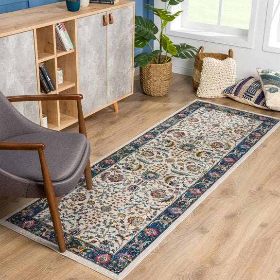 Hauteloom Mardin Hallway, Kitchen Runner Rug - Farmhouse - Cream, Aqua - 2'7" x 7'3"