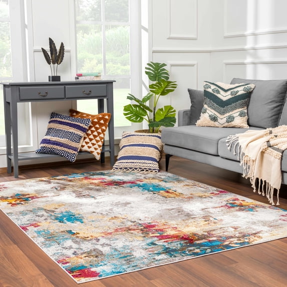 Hauteloom Mardin Modern Abstract Living Room Area Rug - Colorful Carpet - Vintage Bohemian - Blue, Purple, Orange - 5'3" x 7'3"