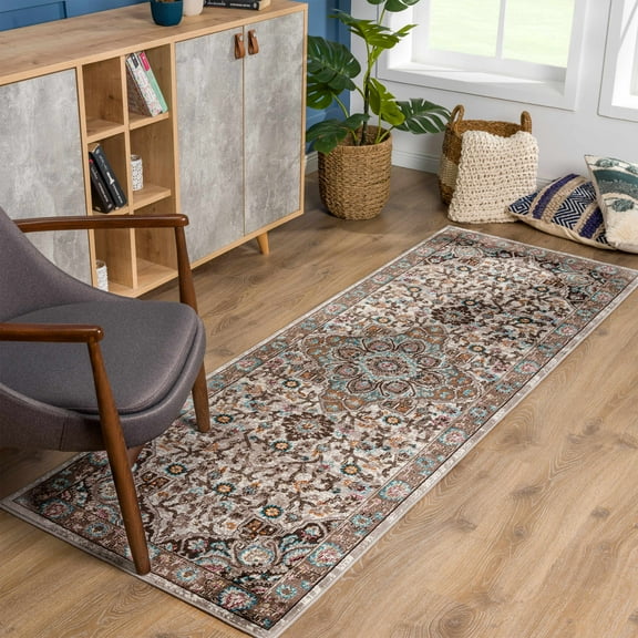 Hauteloom Mardin Oriental Hallway Entryway Runner Rug - Traditional Medallion - Colorful Carpet - Vintage Bohemian - Brown, Blue - 2'7" x 7'3"