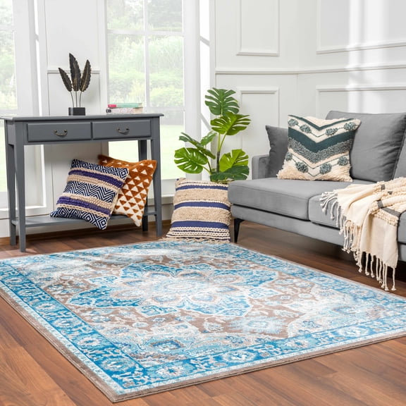 Hauteloom Mardin Oriental Living Room Area Rug - Traditional Medallion - Colorful Carpet - Vintage Bohemian - Blue, Grey - 5'3" x 7'3"