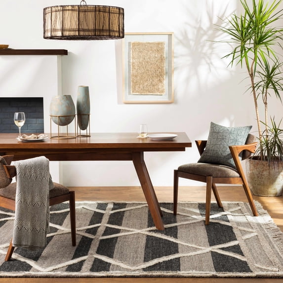 Hauteloom Yuxel Wool Living Room, Bedroom Area Rug - Bohemian Transitional - High Pile - Gray, Black, Cream - 2' x 3'