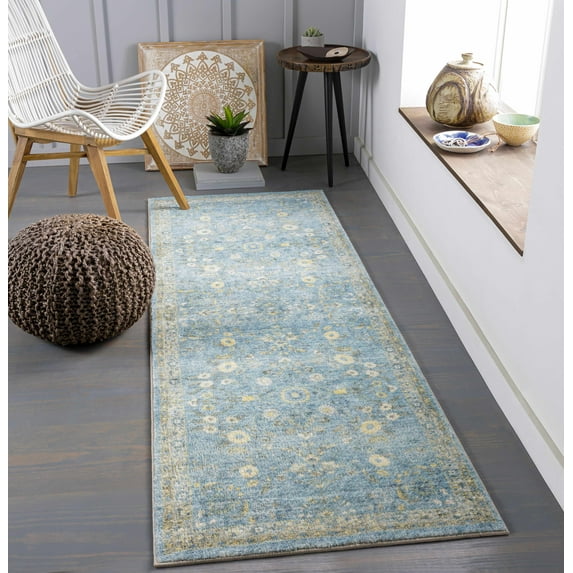 Hauteloom Marino Hallway, Kitchen Runner Rug - Traditional - Denim, Cream, Gray - 2'7" x 7'7"