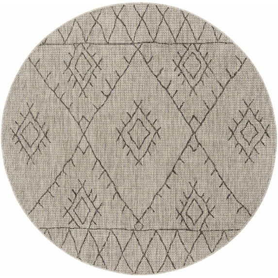 Hauteloom Marwood Outdoor Area Rug - Outside Porch Patio Rug Carpet - Waterproof Rug - Southwestern Tribal Farmhouse - Black, Grey - 7'10" Round