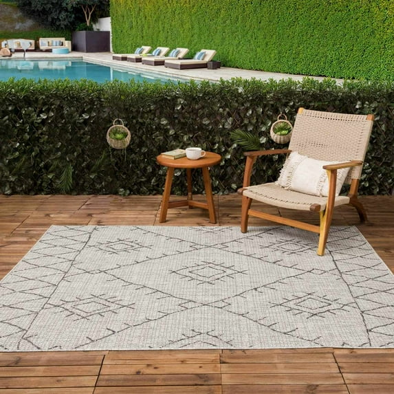 Hauteloom Marwood Outdoor Area Rug - Outside Porch Patio Rug Carpet - Waterproof Rug - Southwestern Tribal Farmhouse - Black, Grey - 8'10" x 12'