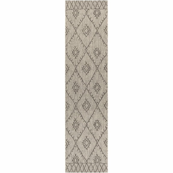 Hauteloom Alfriston Hallway, Kitchen Patio Outdoor Runner Rug - Geometric Diamond Border - Bohemian Moroccan Boho - Beige, Gray, Taupe - 2'7" x 12'