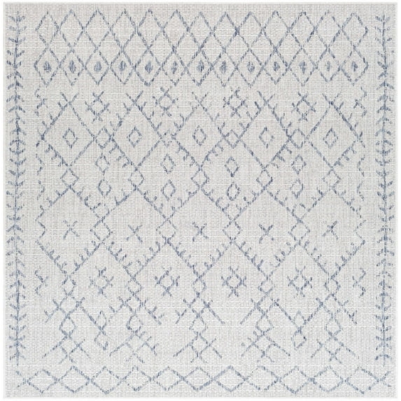 Hauteloom Maunawili Living Room, Bedroom Patio Outdoor Area Rug - Bohemian, Transitional - Medium Gray, Gray, Pale Blue - 6'7" Square