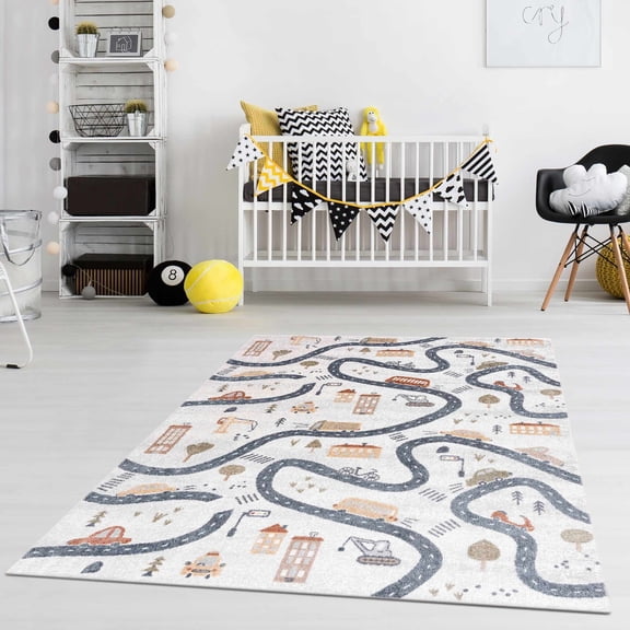 Hauteloom Mave Boys Room, Kids Room, Playroom Machine Washable Area Rug - Road Traffic Car City Carpet - Gray, Cream, Beige, Black - 7'10" x 10'