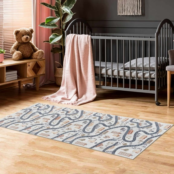 Hauteloom Mave Boys Room, Kids Room, Playroom Machine Washable Runner Rug - Road Traffic Car City Carpet - Gray, Cream, Beige, Black - 2'7" x 10'