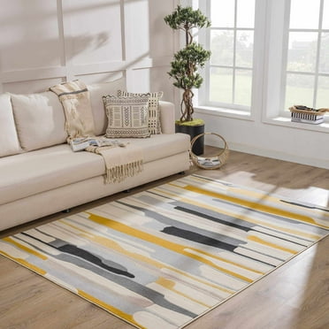 Hauteloom Means Modern Farmhouse Contemporary Living Room Bedroom Kids Room Multicolor Area Rug - Colorful Rainbow Striped Modern Rug Carpet - Black, Gray, Yellow - 7'10" x 10'3"