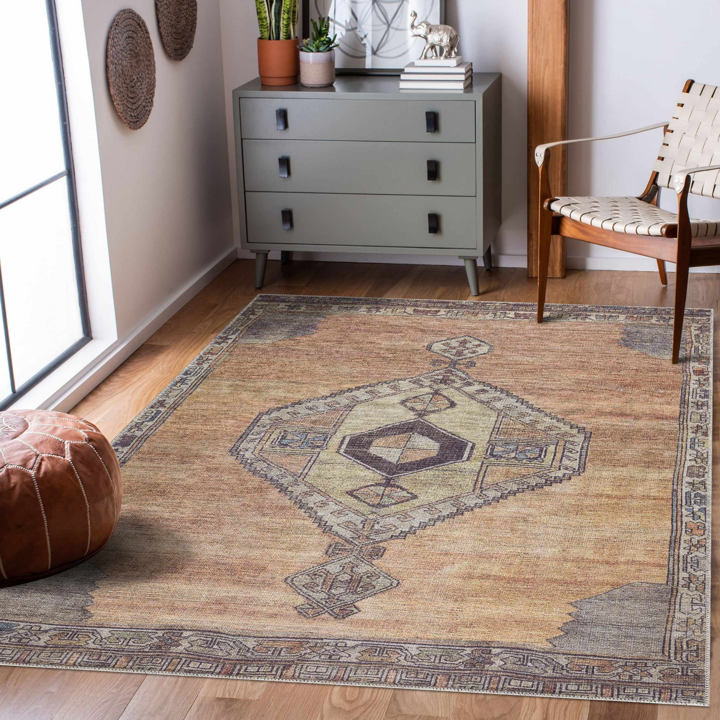 Medinah Dark Red and Camel Chenille Area Rug 6'7" x 9'