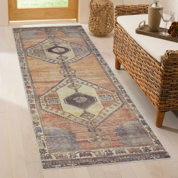 Hauteloom Medinah Hallway, Kitchen Machine Washable Runner Rug - Traditional - Dark Red, Camel, Dark Brown - 2'7" x 7'3"