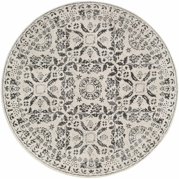 Hauteloom Megargel Boho Vintage Damask Floral Area Rug - Farmhouse Traditional Medallion Carpet for Living Room, Bedroom - Transitional - Gray, Beige - 5'3"- Round Rug