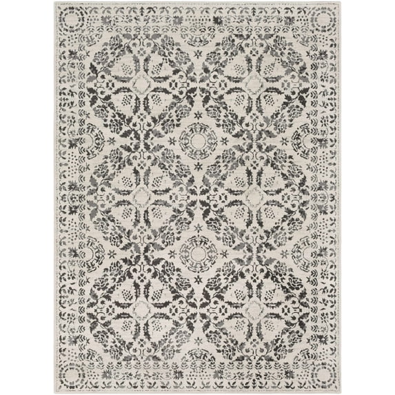 Hauteloom Megargel Boho Vintage Damask Floral Area Rug - Farmhouse Traditional Medallion Carpet for Living Room, Bedroom - Transitional - Gray, Beige - 5'3" Square Rug