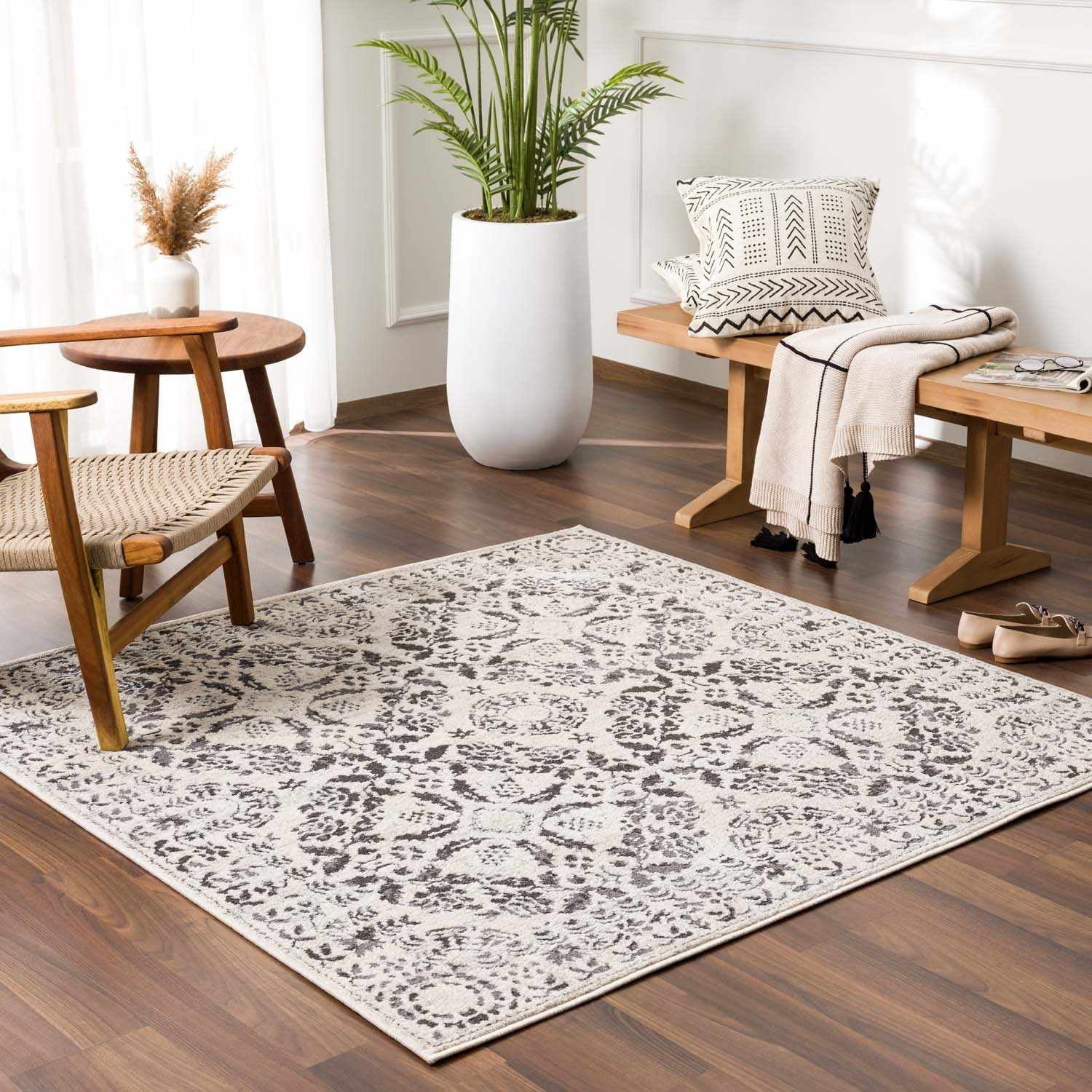 Gray and Off-White Rectangular Synthetic Area Rug 6'7" x 9'