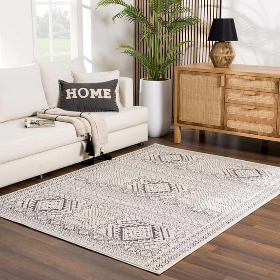 Hauteloom Merriott Living Room, Bedroom Area Rug - Bohemian, Transitional - Peach, Dark Brown, Charcoal - 5'3" x 7'3"