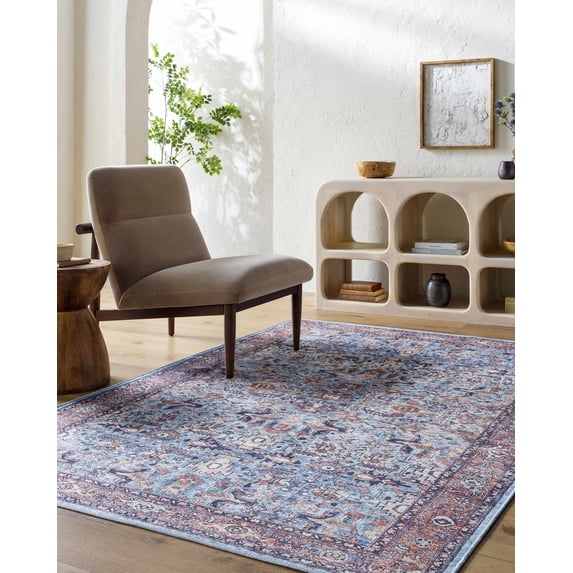 Hauteloom Mette Living Room, Bedroom Machine Washable Area Rug - Traditional - Denim, Dark Red, Black - 6'7" x 9'