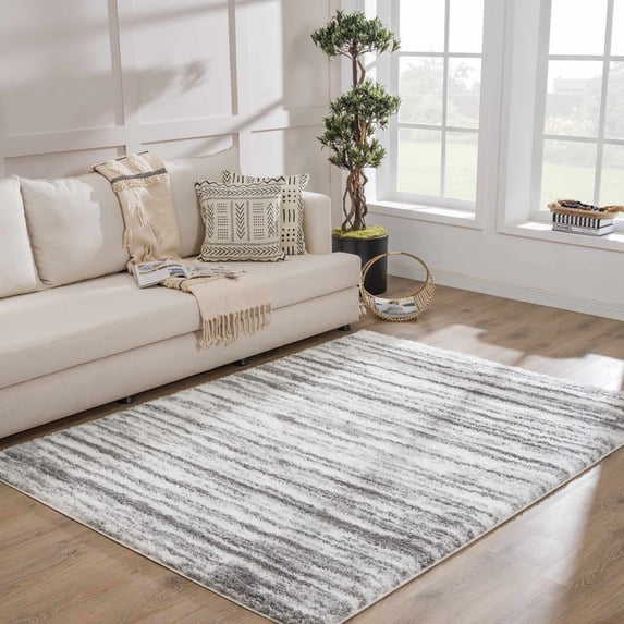 Hauteloom Mette Living Room, Bedroom Shaggy Area Rug - Bohemian Modern Striped Farmhouse Shag - Fluffy Soft Touch High Pile - Gray, White - 6'7" x 9'